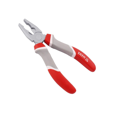 YATO diagonal needle-nose pliers with red and gray handles and silver metal jaws, shown on a plain white background.