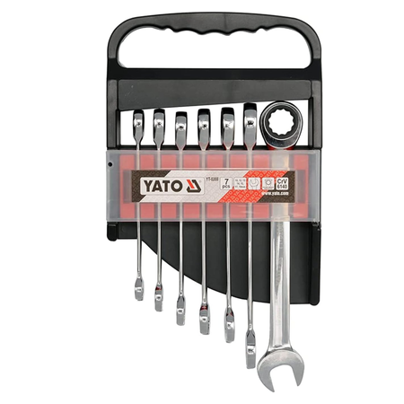 YATO 7-piece socket wrench set with open-end wrenches and a socket, displayed in a black plastic handle with a clear front cover showing the tools inside.
