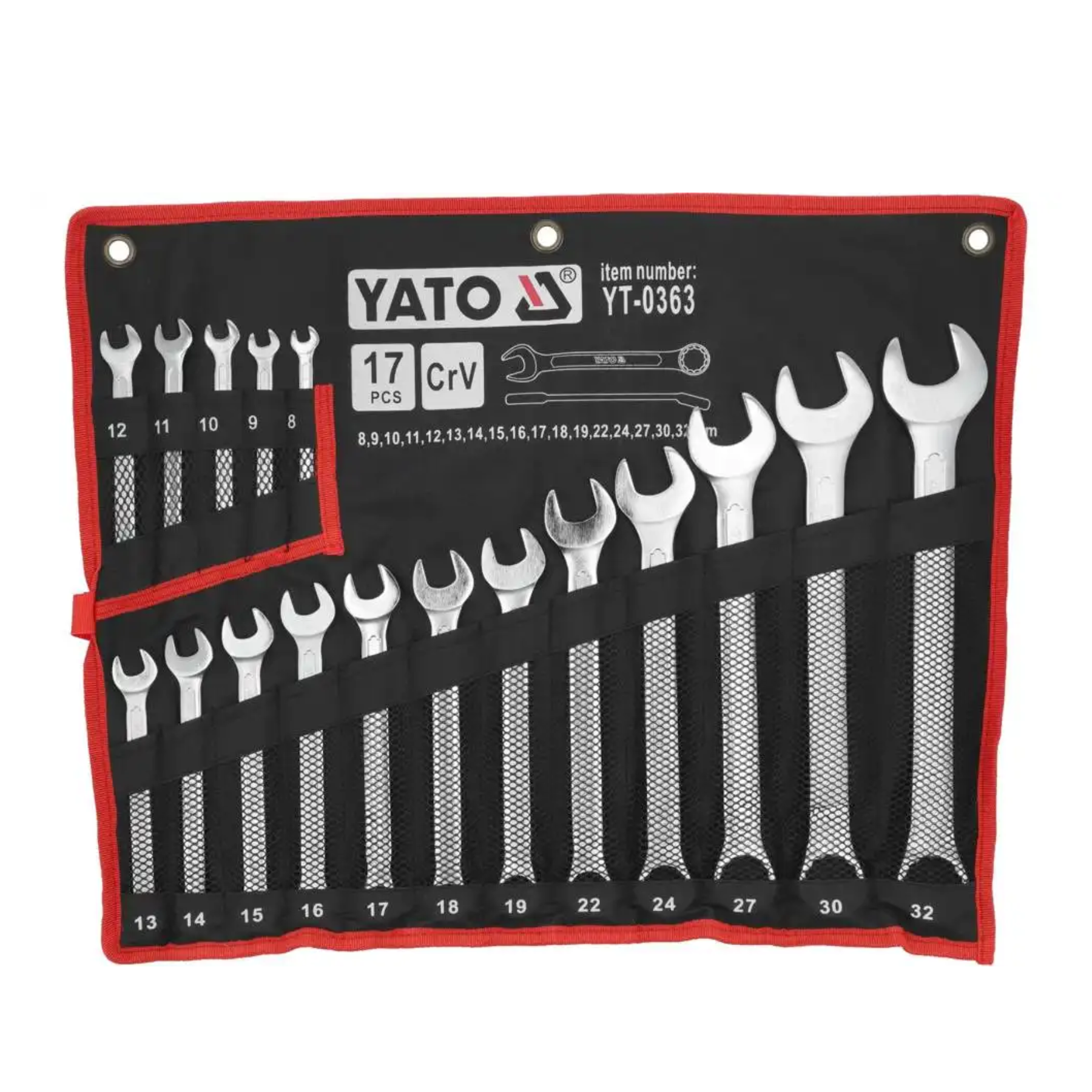 YATO 17-piece Cr-V wrench set in a black and red roll-up tool pouch, displayed against a solid white background.