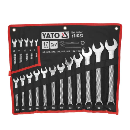 YATO 17-piece Cr-V wrench set in a black and red roll-up tool pouch, displayed against a solid white background.