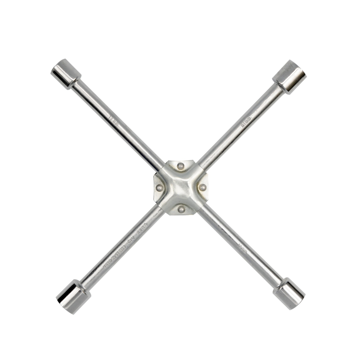 A four-spoke chrome socket wrench tool with a central hub and four long parallel arms, shown on a plain white background.