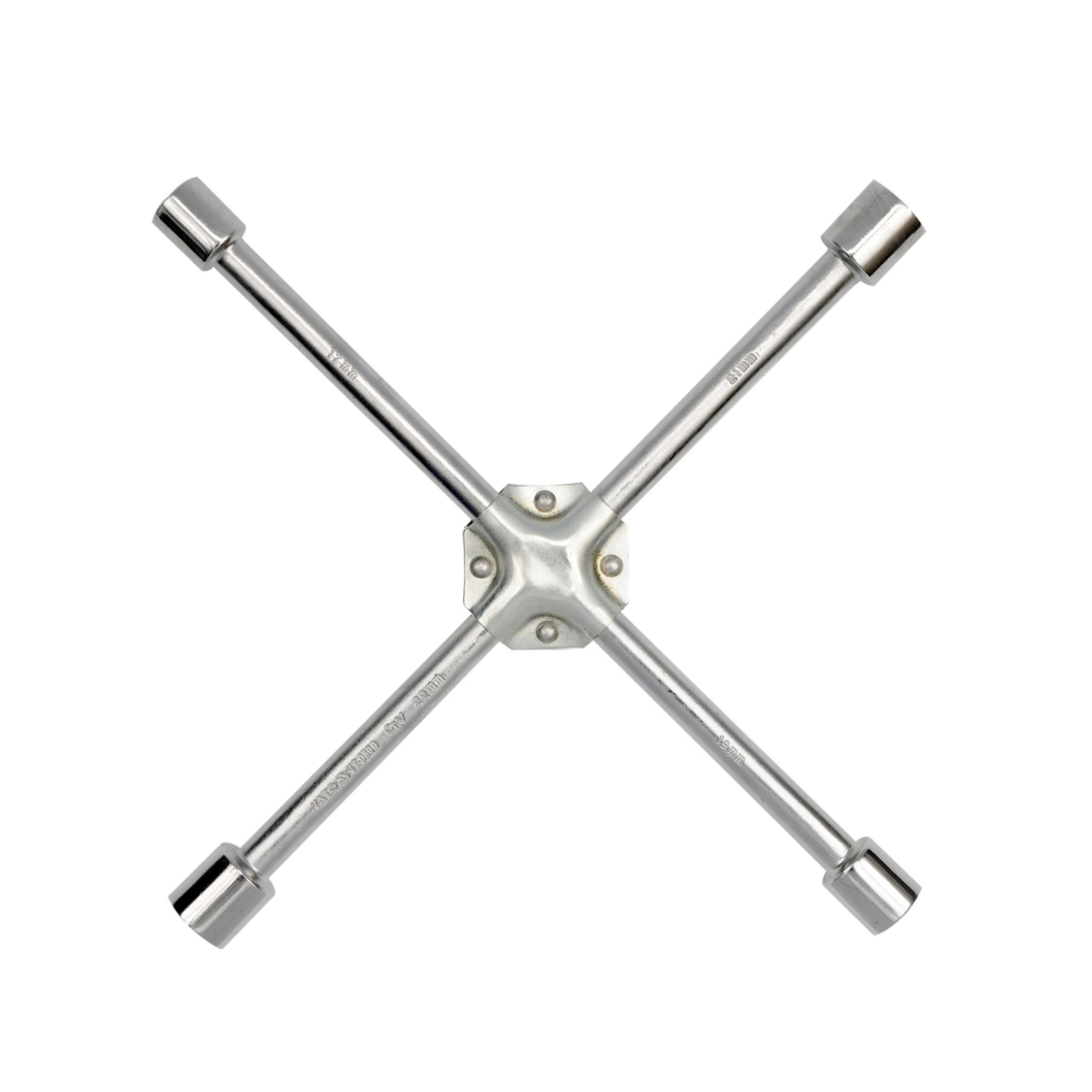 A four-spoke chrome socket wrench tool with a central hub and four long parallel arms, shown on a plain white background.