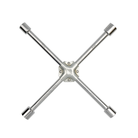 A four-spoke chrome socket wrench tool with a central hub and four long parallel arms, shown on a plain white background.