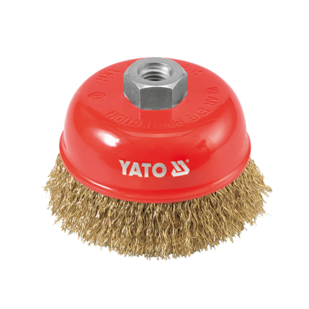 A YATO wire brush attachment with a red plastic dome, a silver hex nut on top, and tan metal bristles, shown on a white background.
