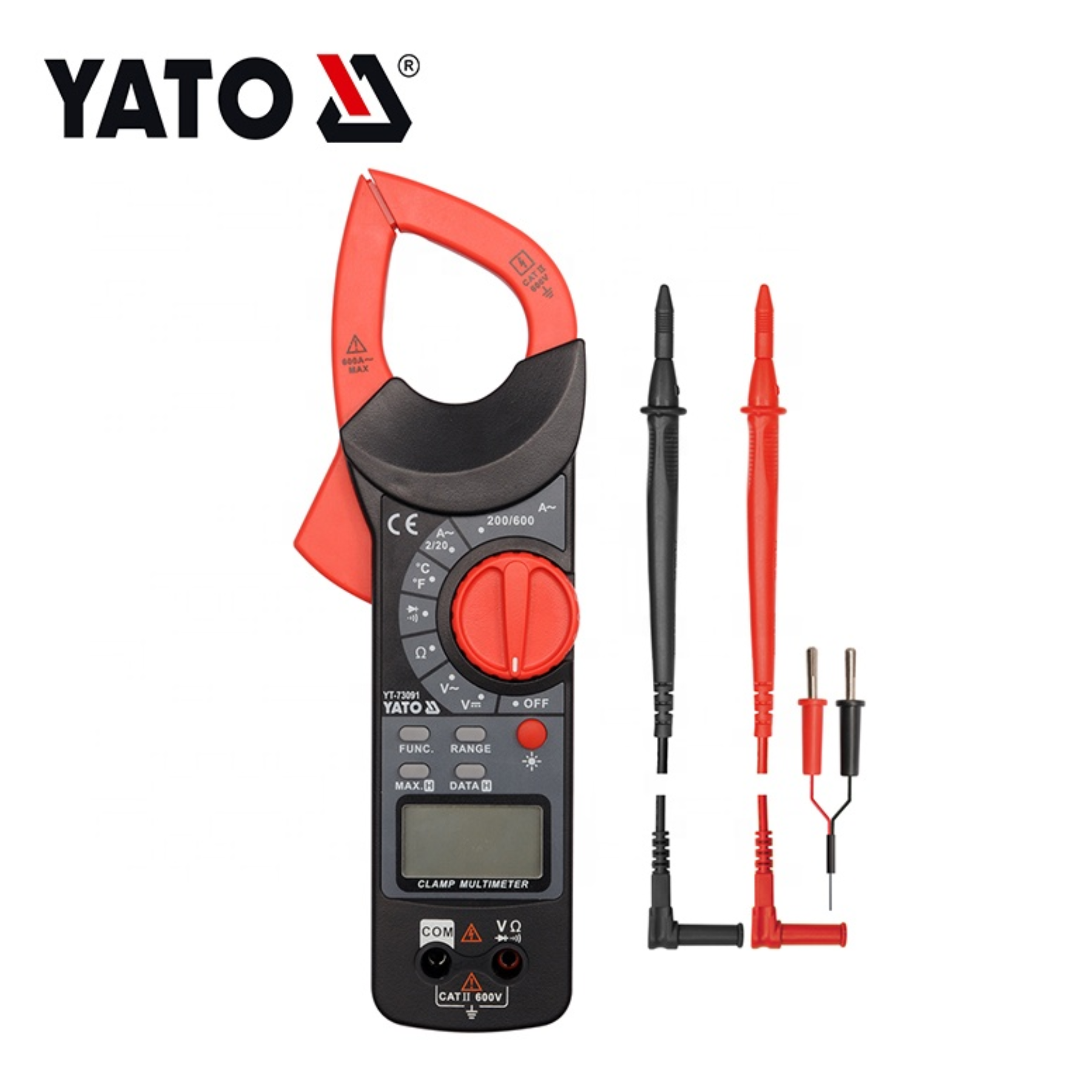 Yato digital clamp multimeter with probes on a white background