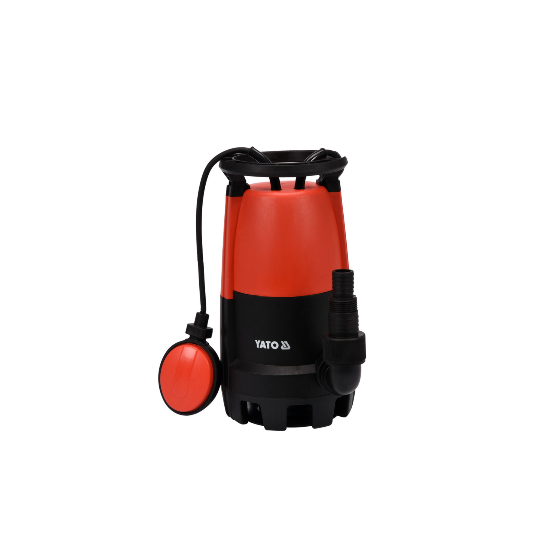 Red and black submersible pump on a white background