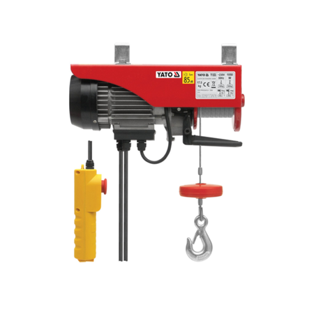 YATO electric hoist with a red and black main unit, a yellow handheld control box, and a red hook with a silver hanging eyelet, shown on a white background.