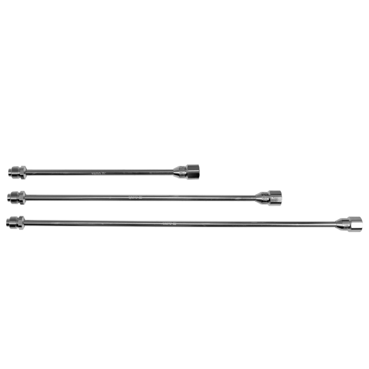 Three chrome metal extension bars of varying lengths arranged horizontally on a plain white background.