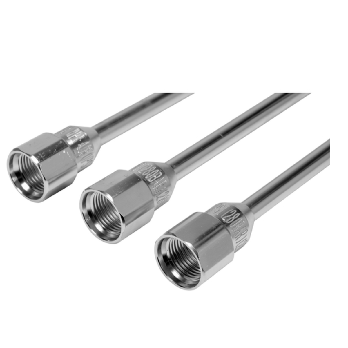 Three metallic threaded hose connectors with attached metal hoses, shown on a plain white background.