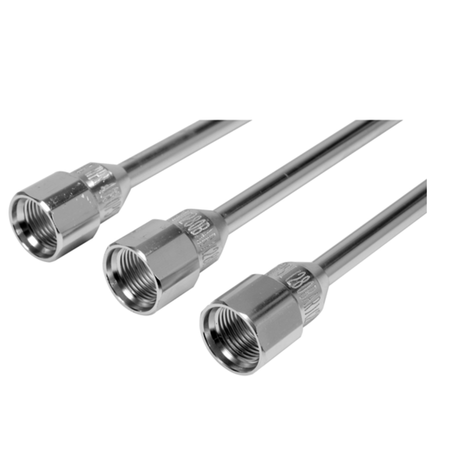 Three metallic threaded hose connectors with attached metal hoses, shown on a plain white background.
