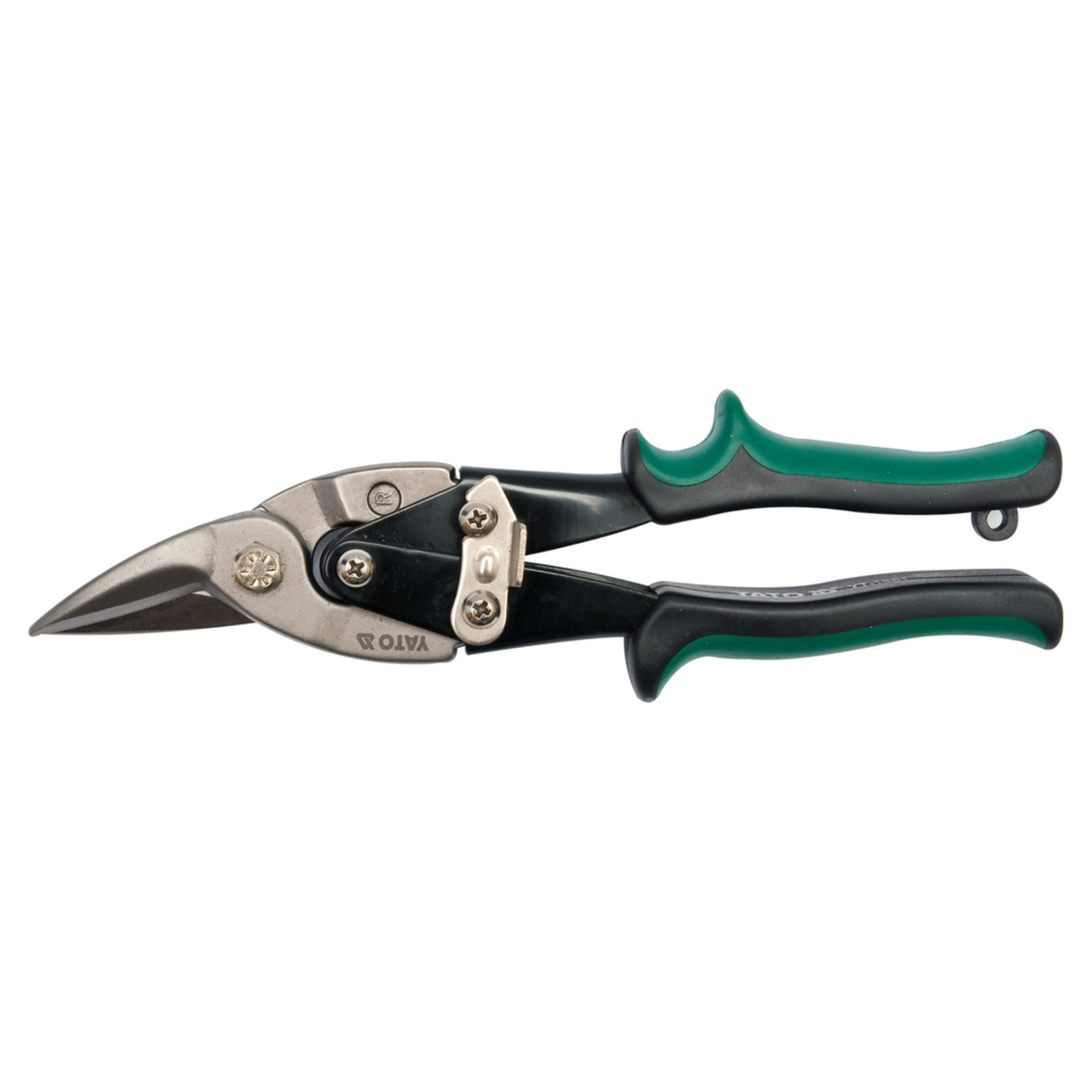OLIVA aviation snips with black and green handles and silver metal blades, shown against a plain white background.