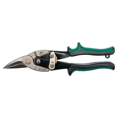 OLIVA aviation snips with black and green handles and silver metal blades, shown against a plain white background.