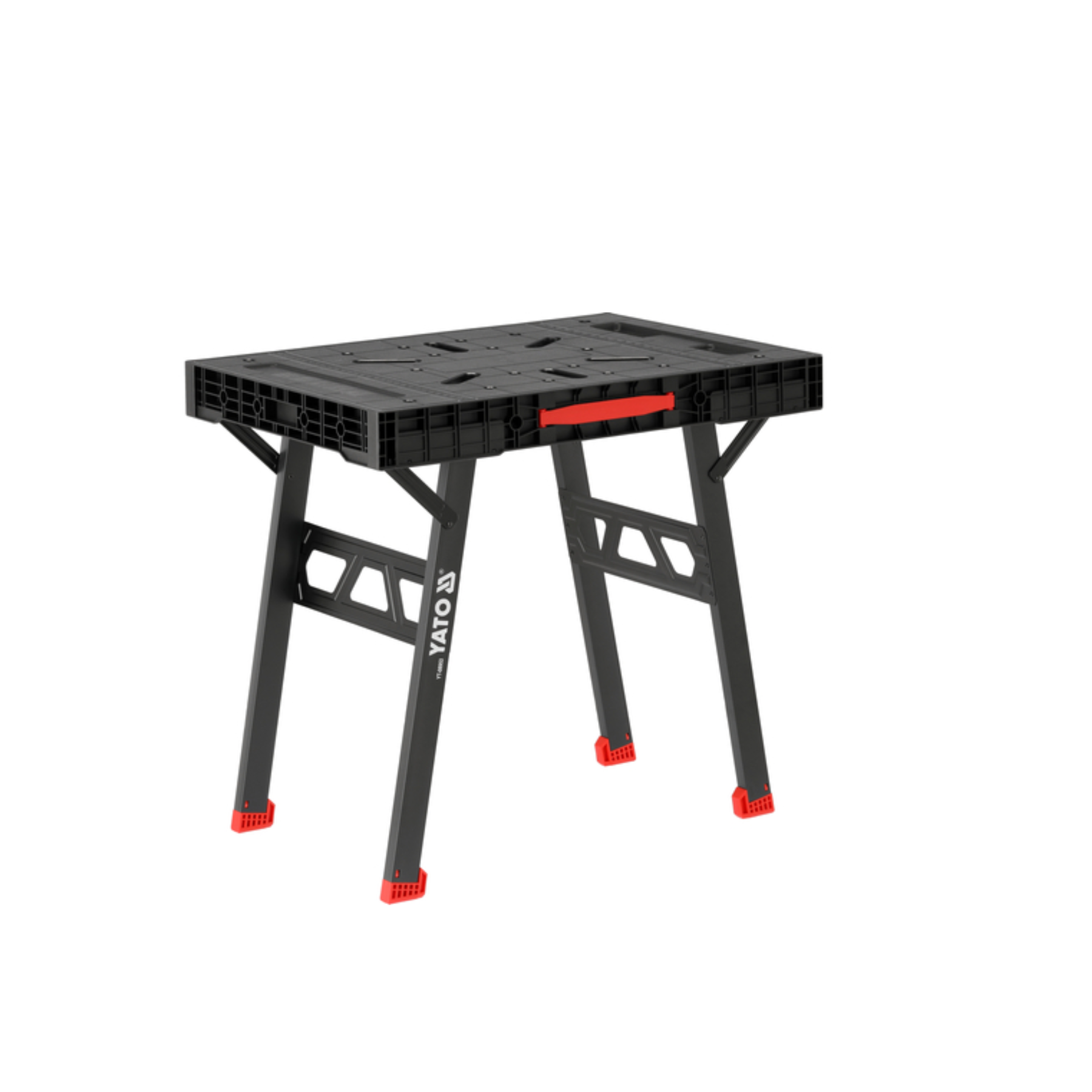 Black and red adjustable work table on a white background