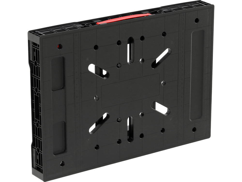 Black plastic bracket with multiple holes on a white background