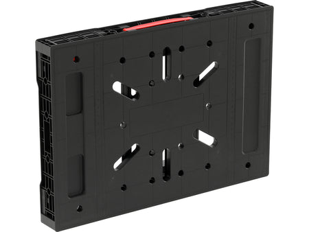 Black plastic bracket with multiple holes on a white background