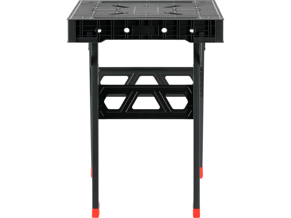 Black adjustable workbench with red feet on a white background