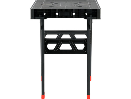 Black adjustable workbench with red feet on a white background