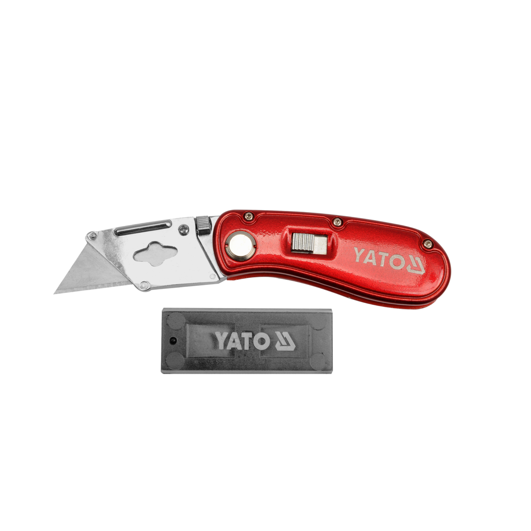 Red and silver Yato utility knife with a black blade cover on a white background