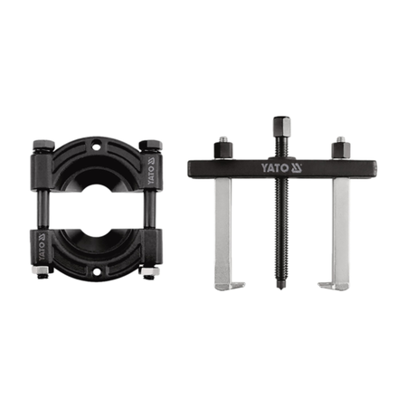YATO metal puller tool set on a white background, showing a black clamp on the left and a black threaded puller with silver metal arms on the right.