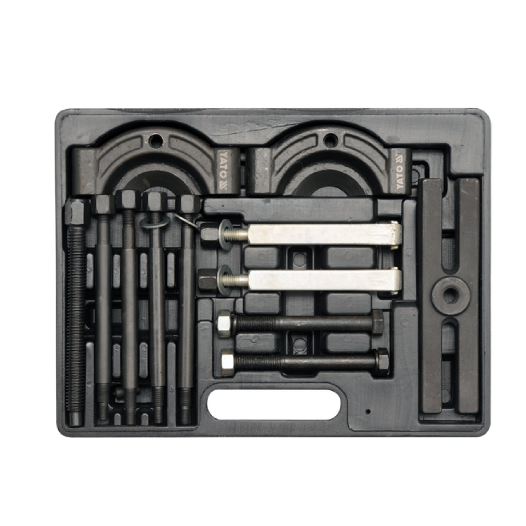 A black metal tool set organized in a molded plastic case, featuring various bolts, rods, and circular metal components on a plain white background.