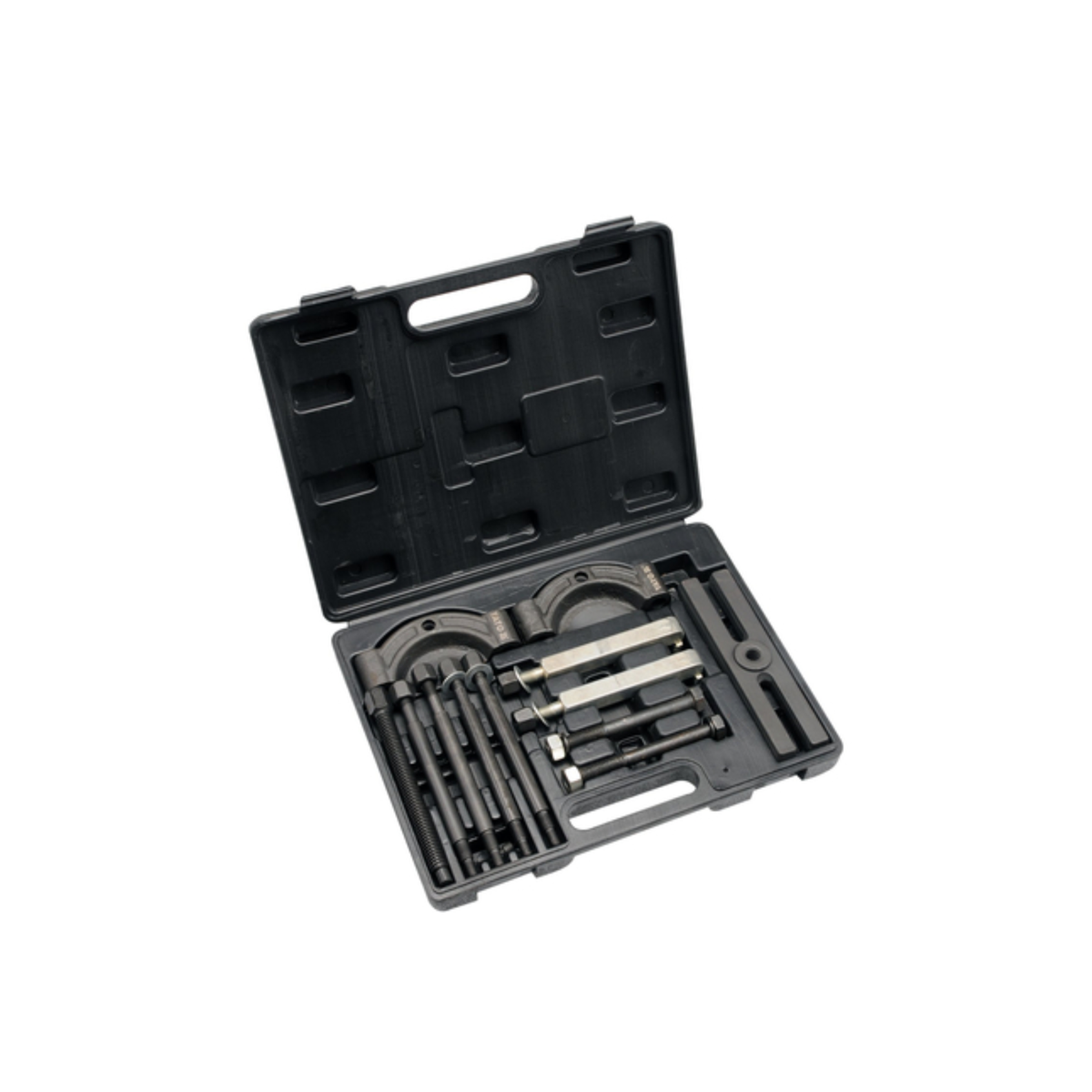 A black metal tool set organized inside an open black plastic carrying case, photographed on a plain white background.