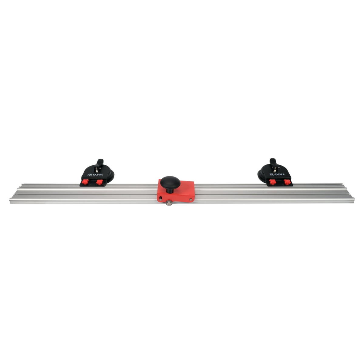 Long metal track with three black and red components on a white background