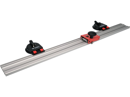 Long metal track with three adjustable knobs on a white background