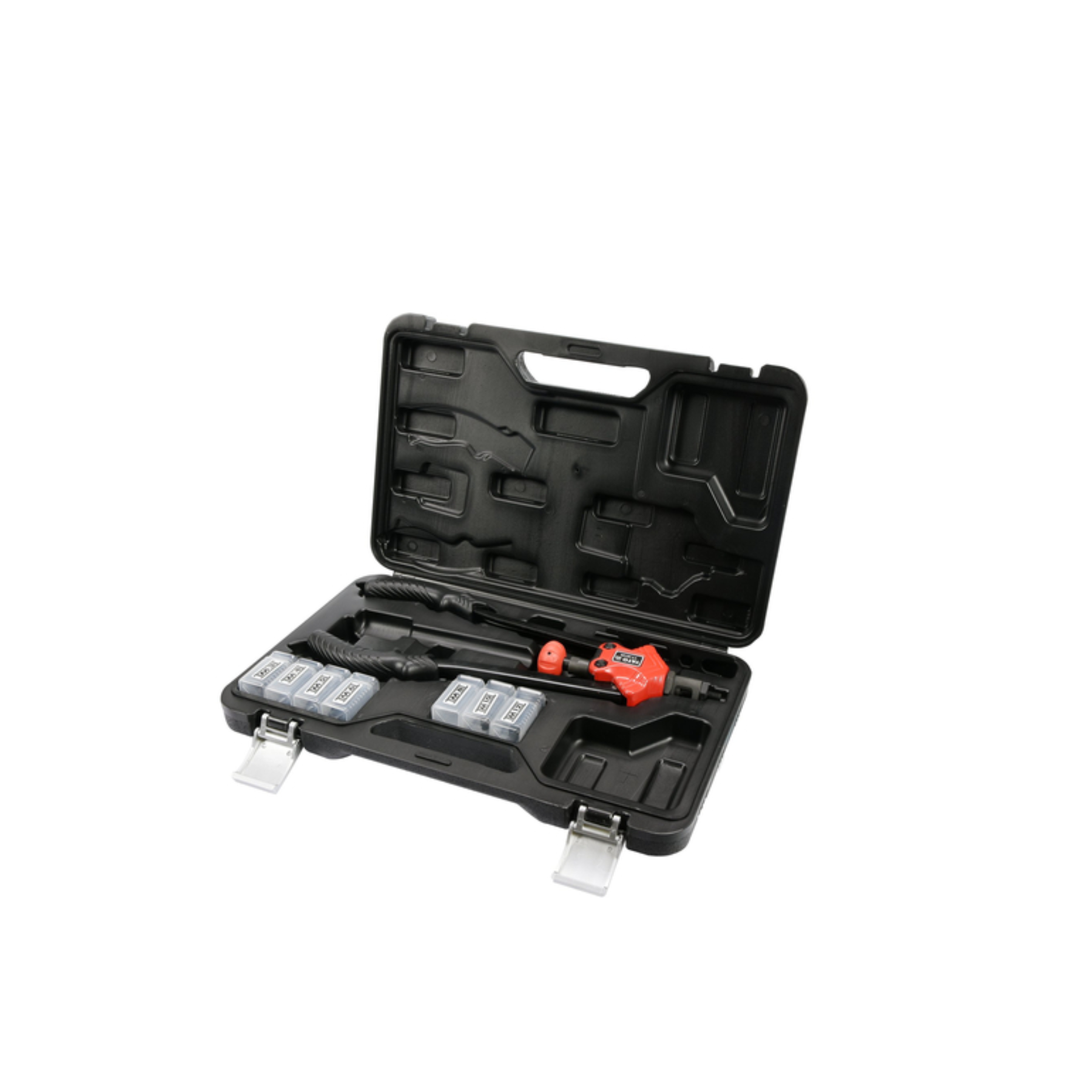 Black tool case with tools inside on a white background