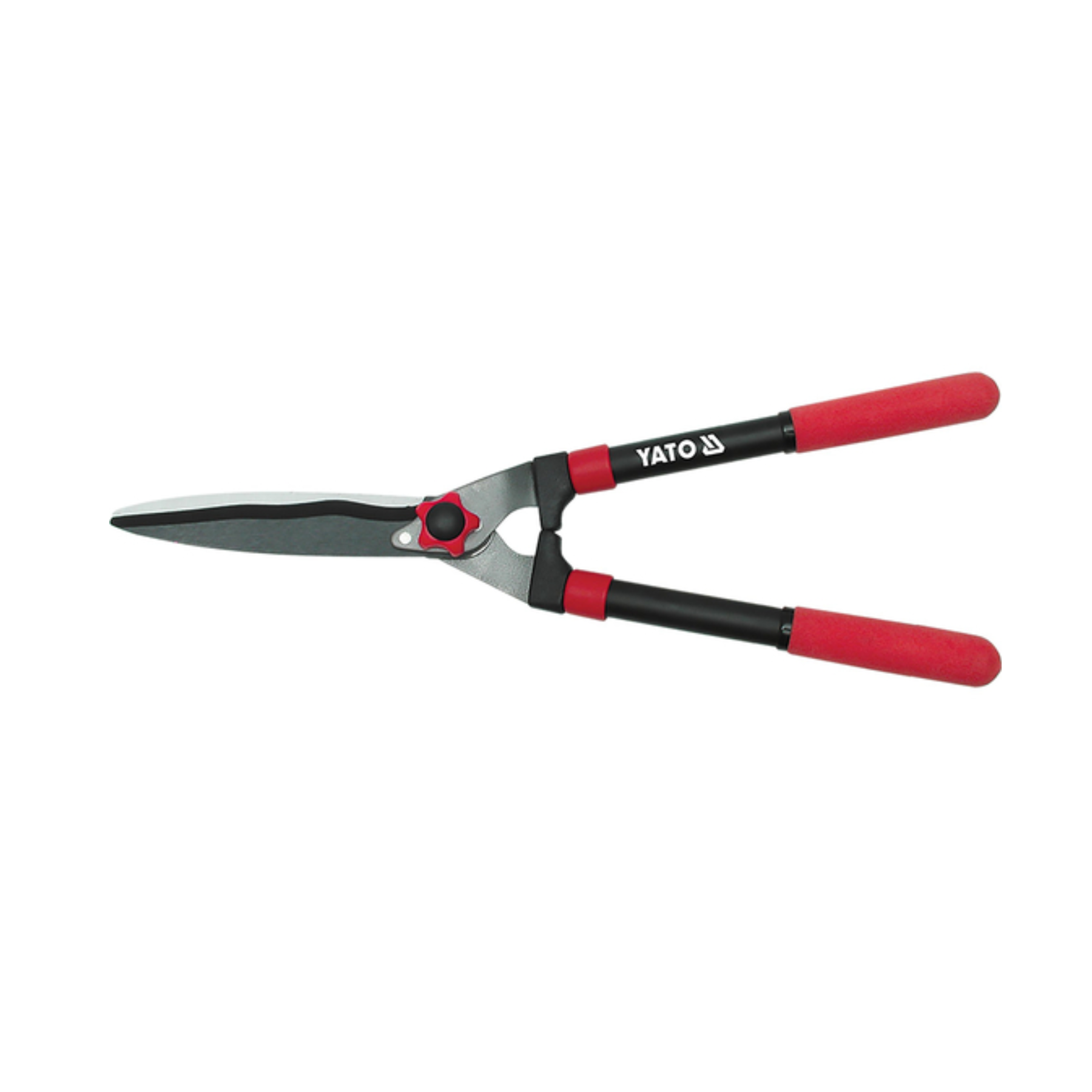 YATO hedge shears with red and black handles and silver metal blades, shown on a plain white background.