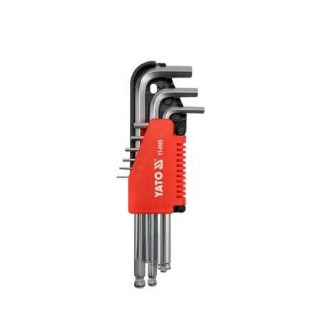 YATO YT608 hex wrench set with a red handle and silver metal wrenches, shown on a plain white background.