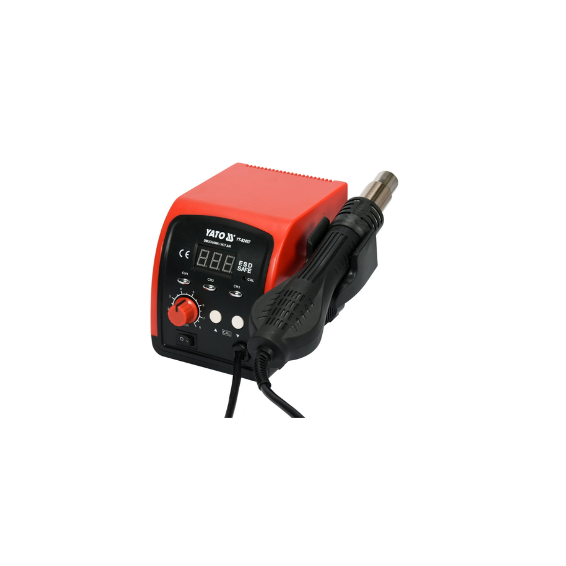 Red and black electronic device with digital display on a white background