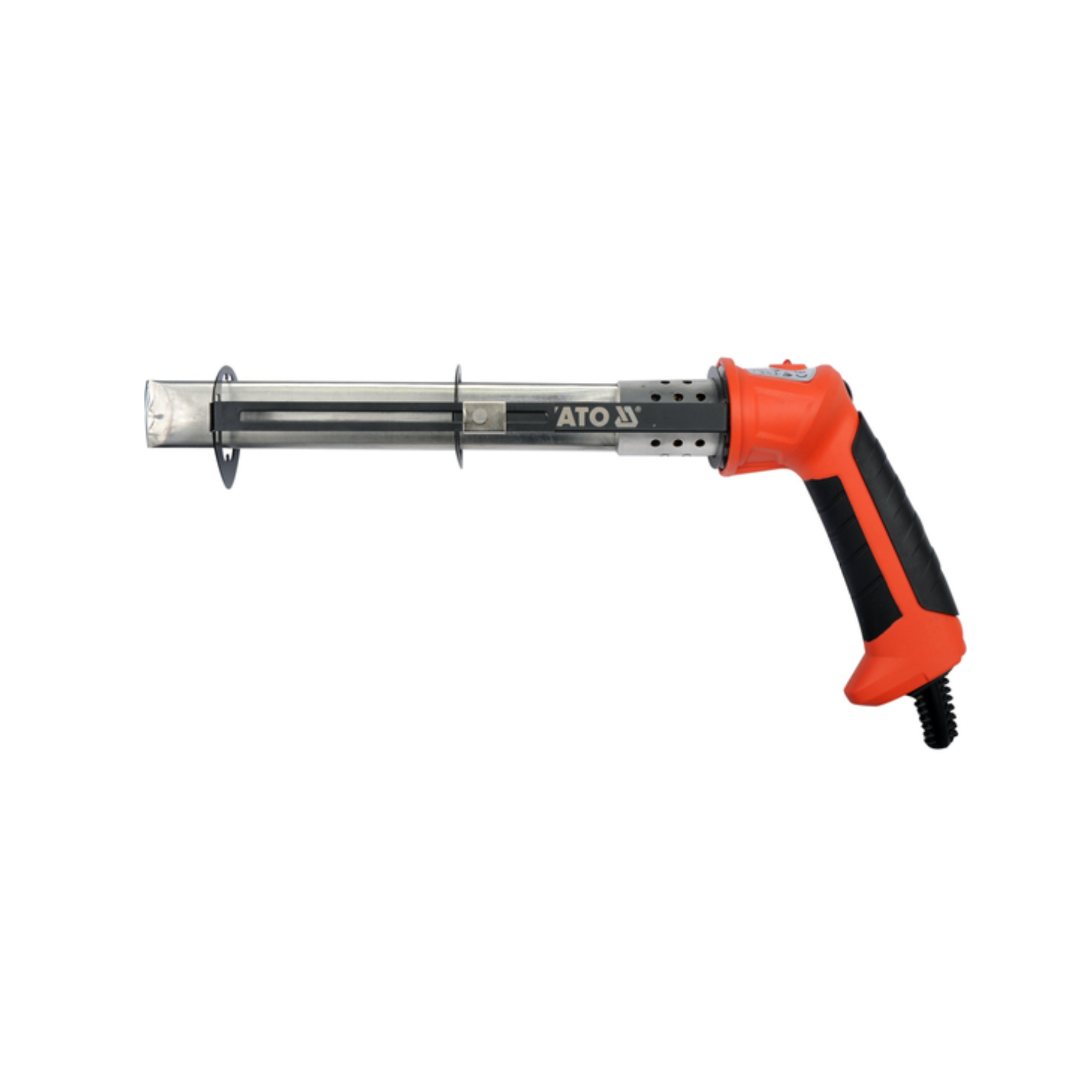 Soldering gun with red and black handle on a white background