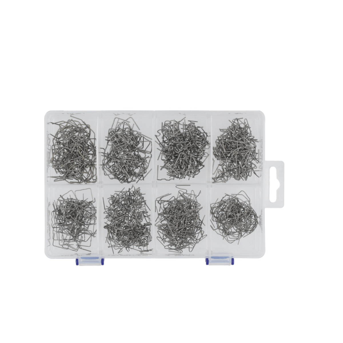 Assorted metal pins in a clear plastic organizer on a white background