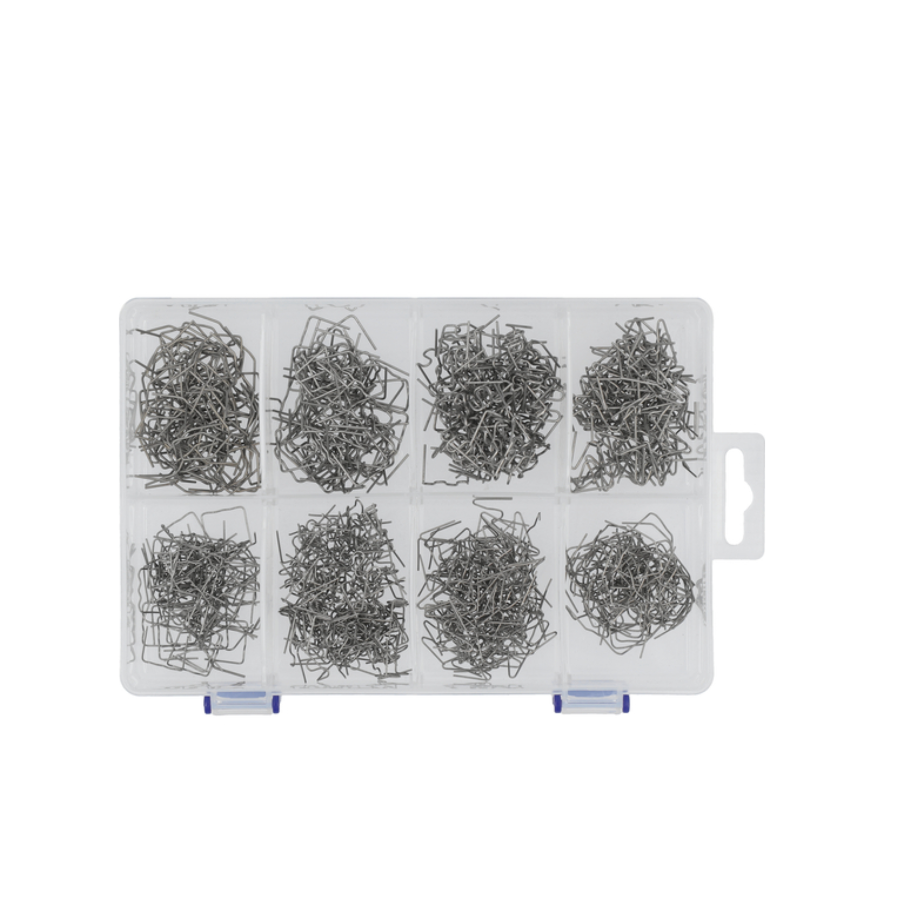 Assorted metal pins in a clear plastic organizer on a white background