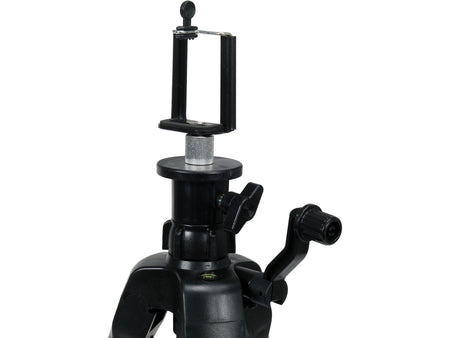 Black camera tripod head on a white background