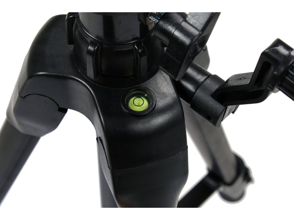 Close-up of a black camera stabilizer with a green adjustment dial on a white background