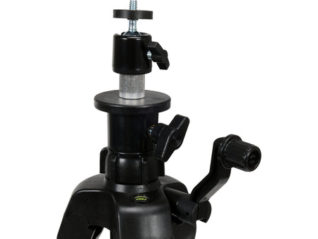 Black adjustable tripod head on a white background