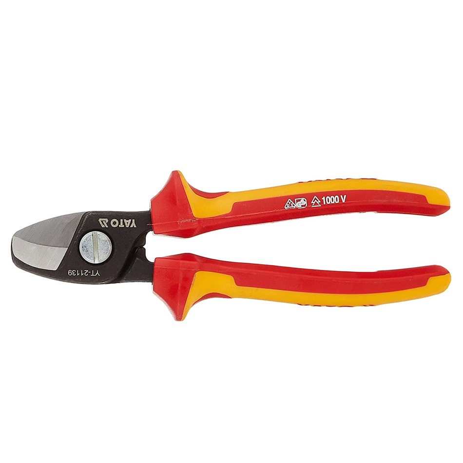 Pair of red and yellow pliers on a white background