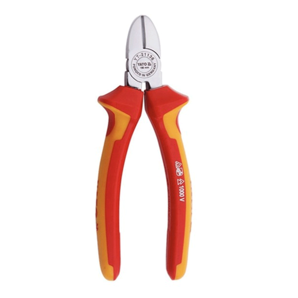 Pair of red and yellow diagonal cutting pliers on a white background