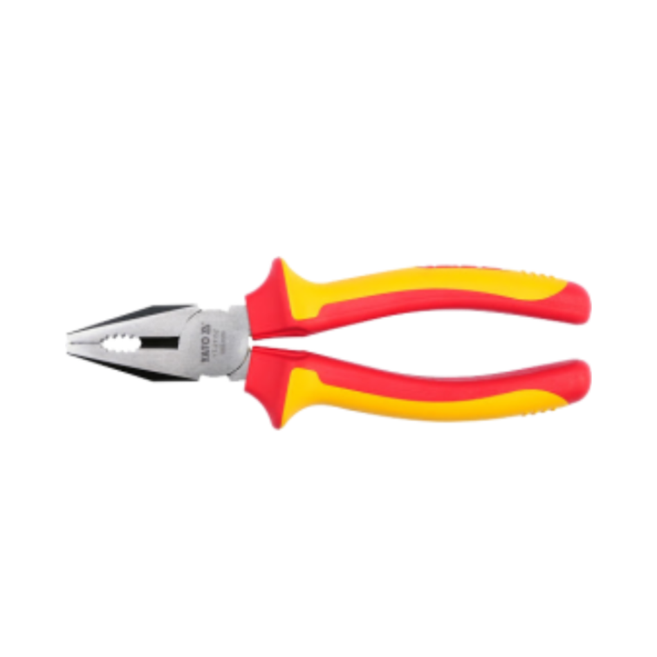Pair of red and yellow pliers on a white background