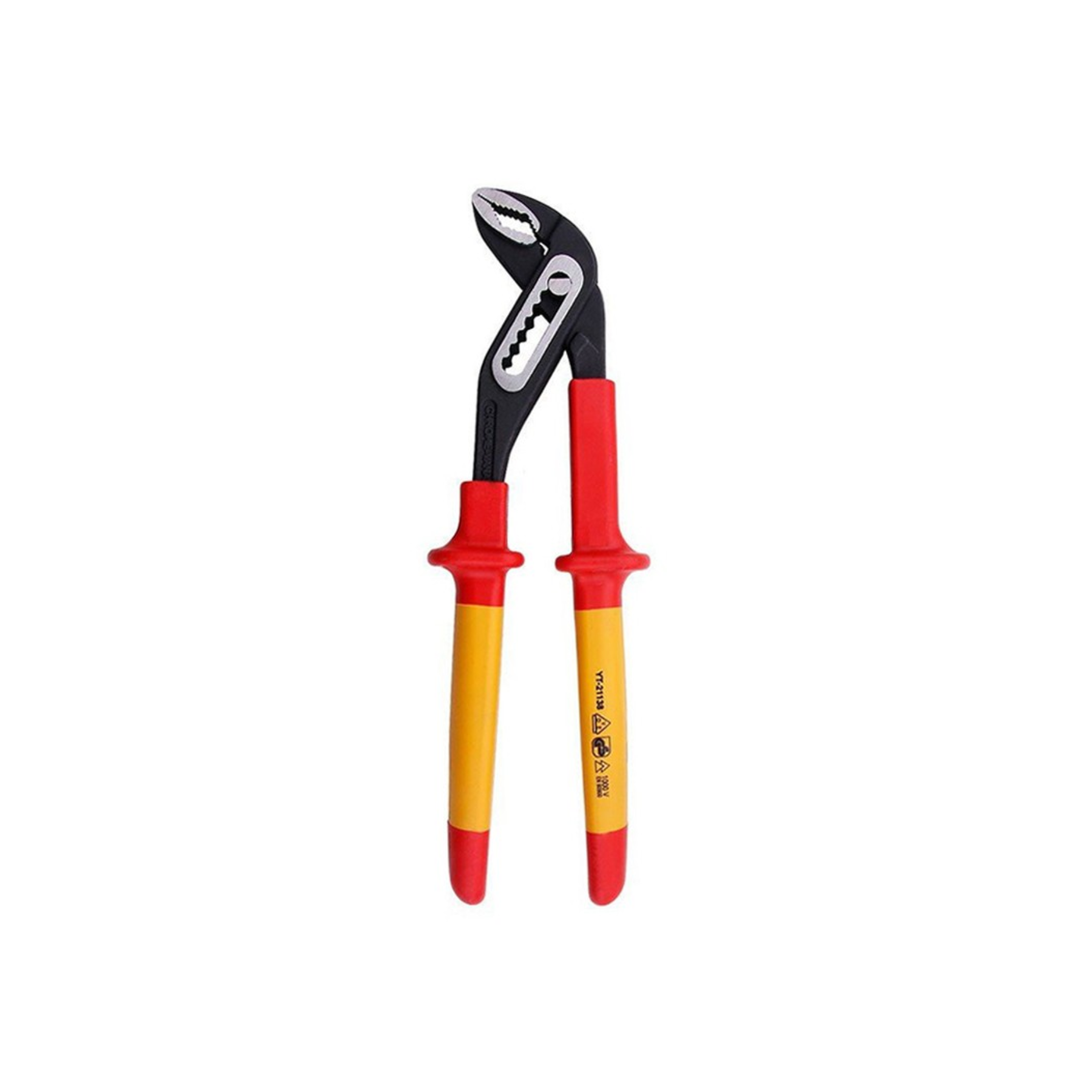 Pair of slip joint pliers with red and yellow handles on a white background
