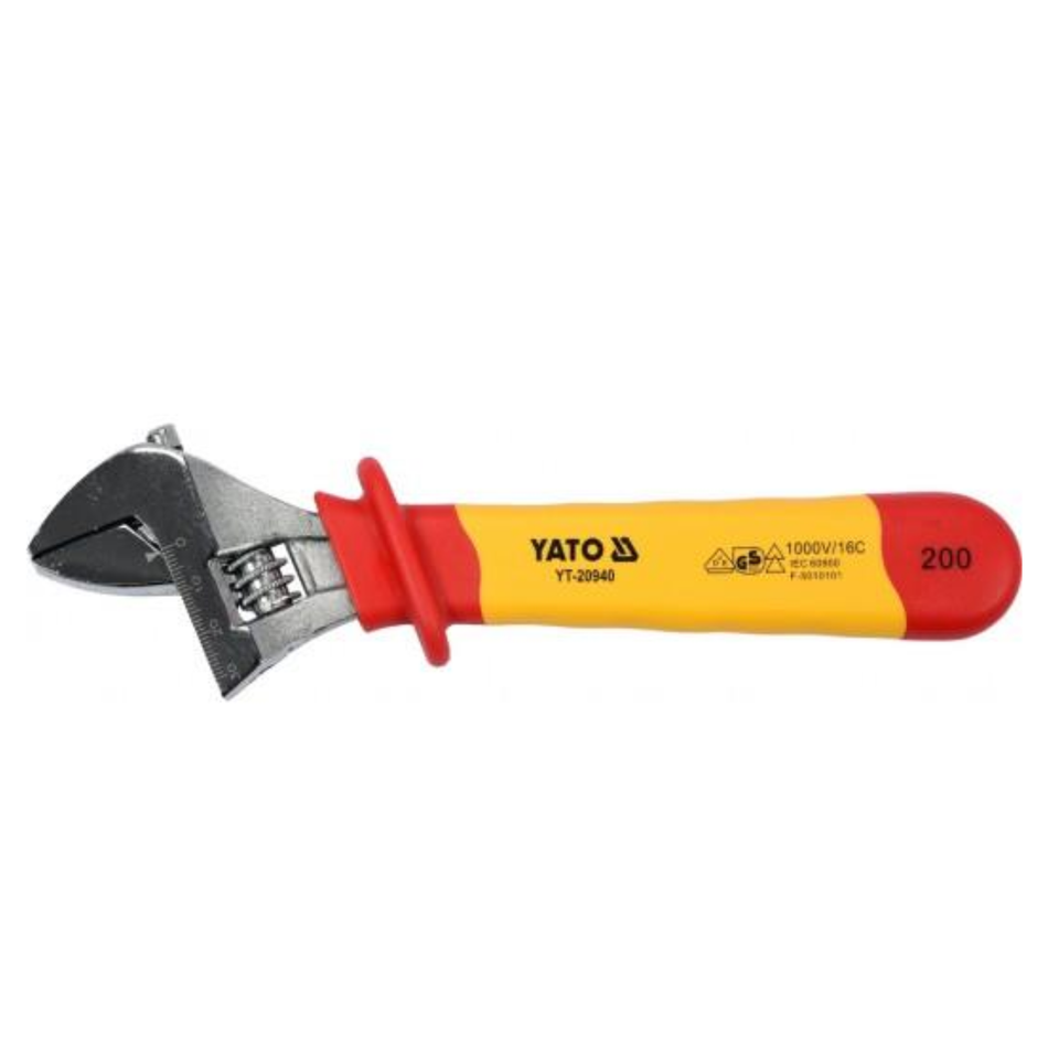 Adjustable wrench with red and yellow handle on a white background
