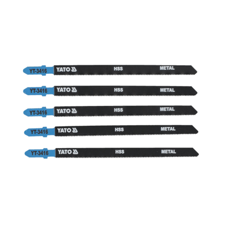 Set of YATO metal cutting jigsaw blades on a white background
