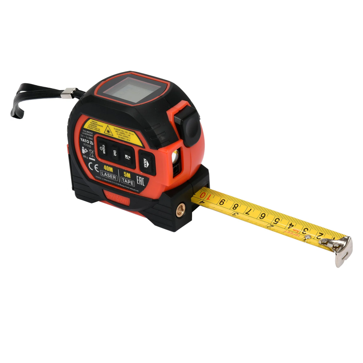 Digital tape measure with a red and black casing on a white background