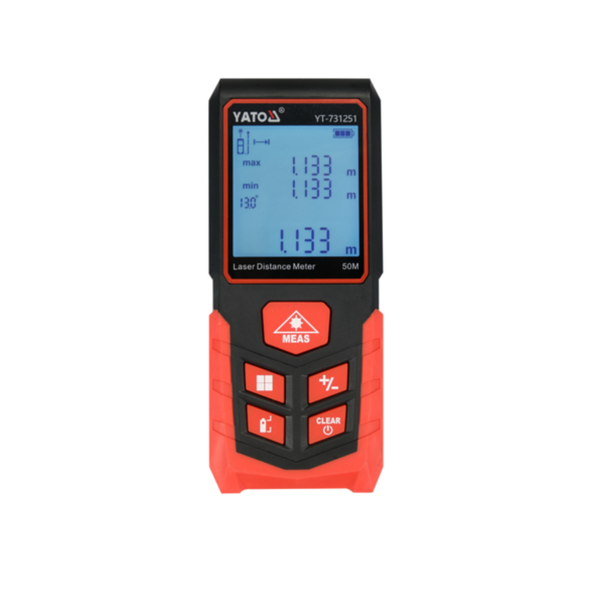 A YATO laser distance meter handheld device with a black and red casing, featuring a blue backlit LCD screen and red buttons, shown against a plain white background.