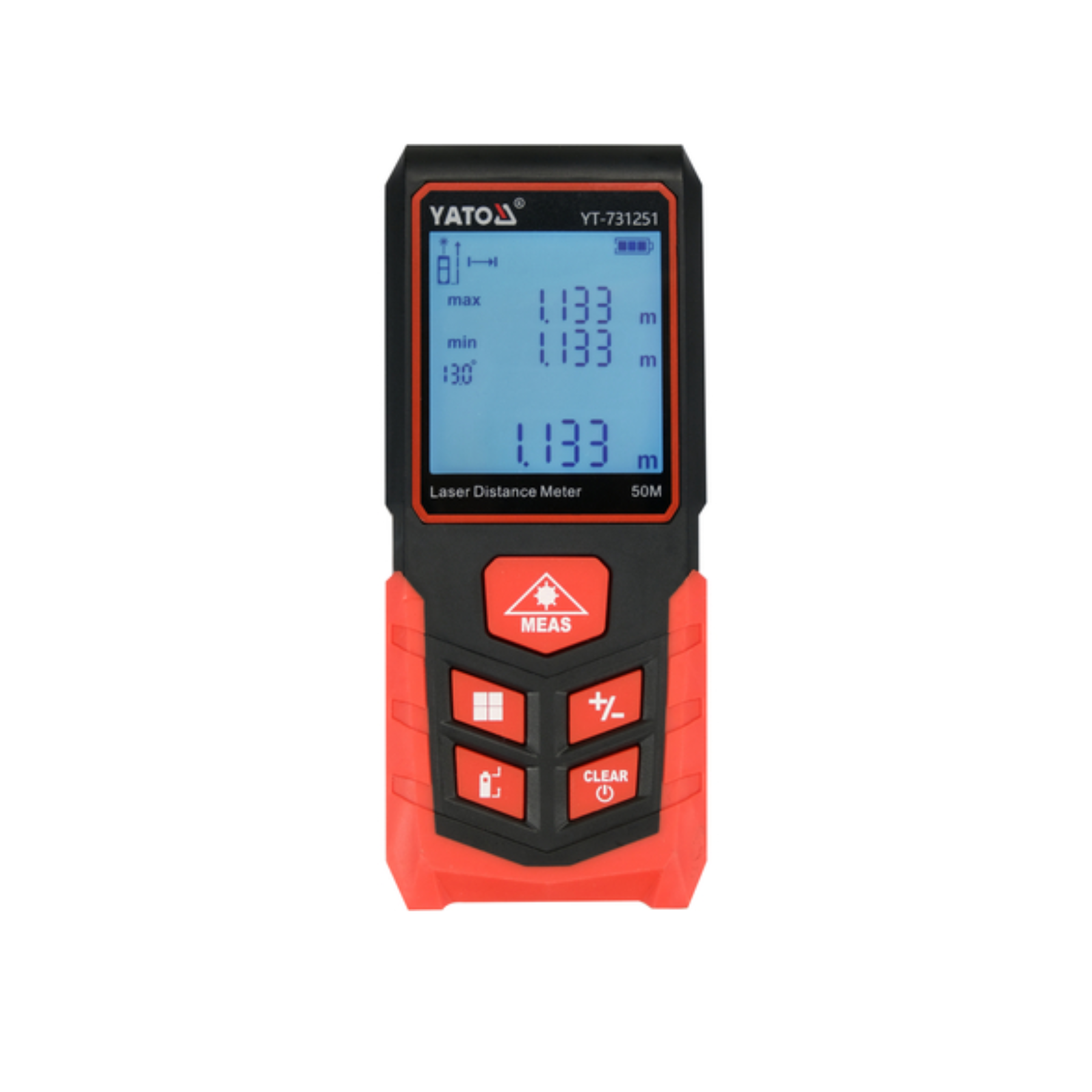 A YATO laser distance meter handheld device with a black and red casing, featuring a blue backlit LCD screen and red buttons, shown against a plain white background.