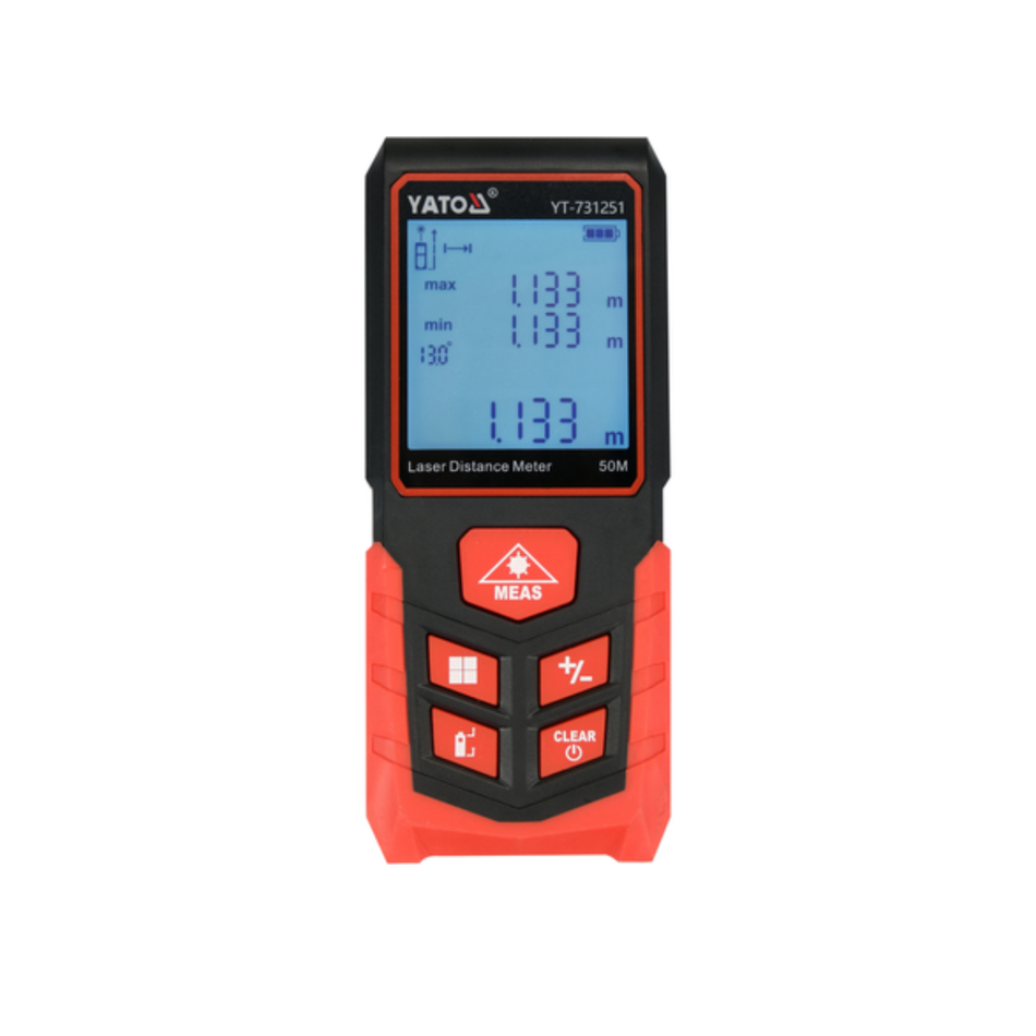 A YATO laser distance meter handheld device with a black and red casing, featuring a blue backlit LCD screen and red buttons, shown against a plain white background.