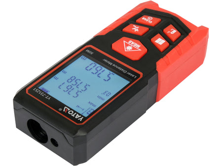 Red and black laser distance meter with digital display on a white background