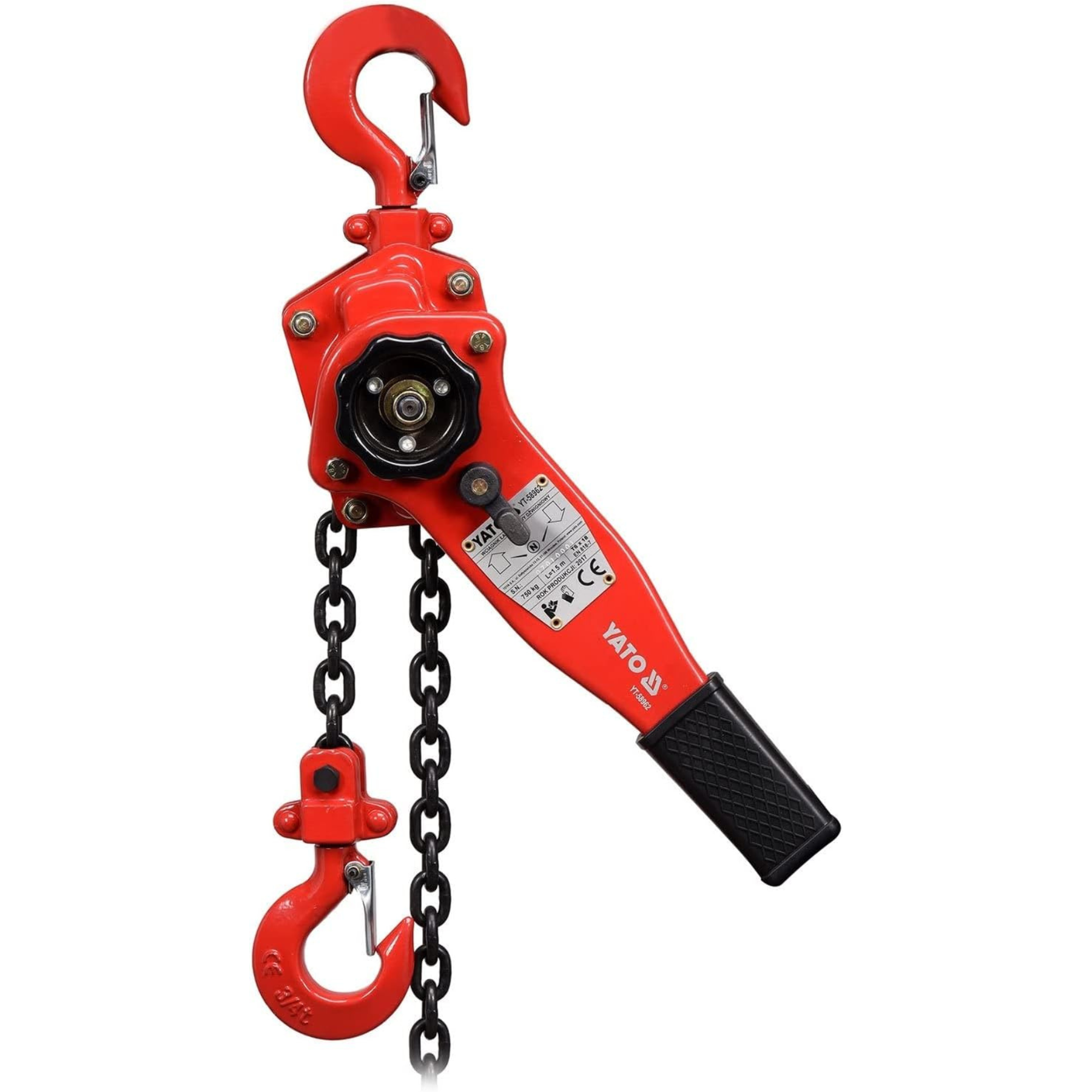 Red hand chain hoist with black chain on a white background
