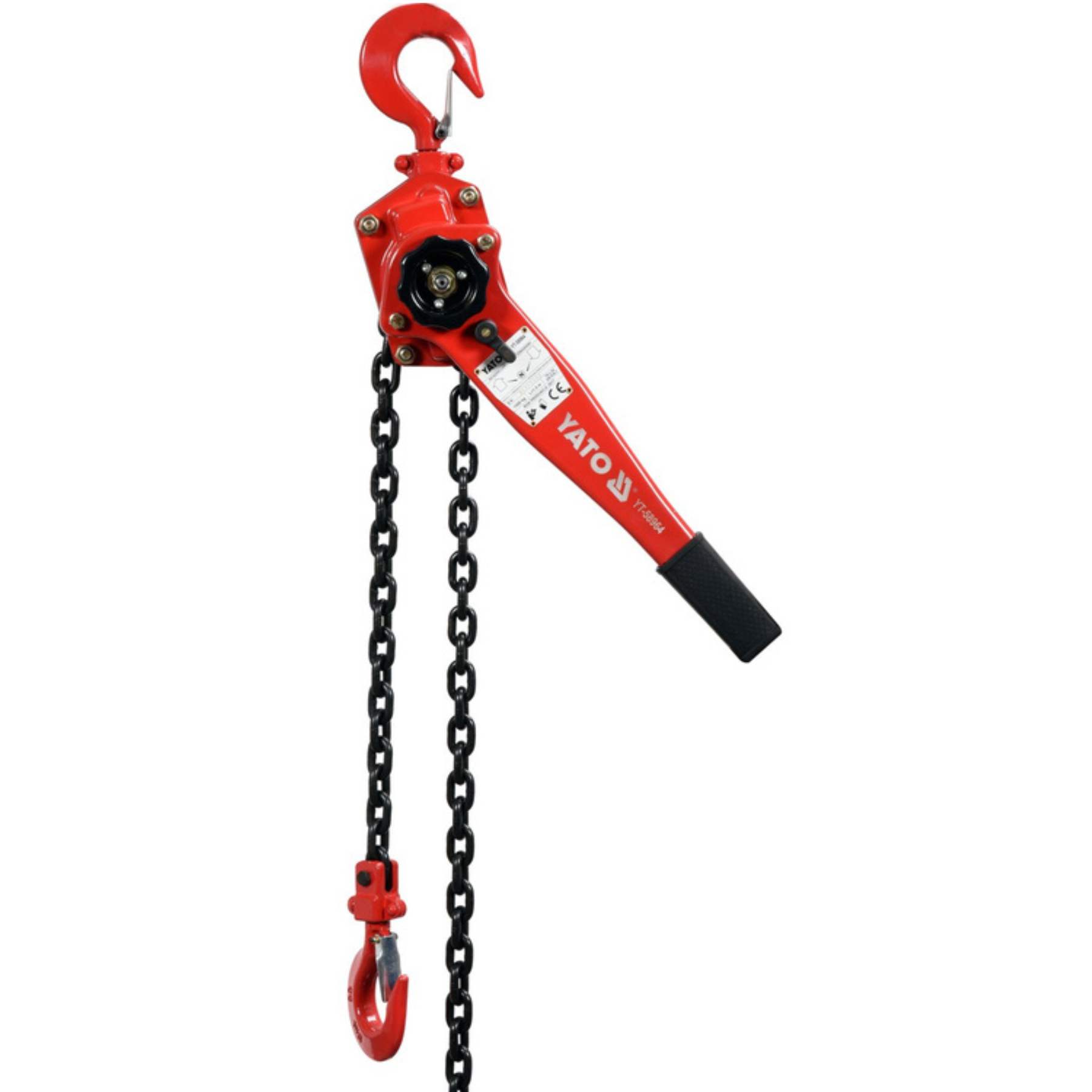 Red chain lever hoist with a hook on a white background